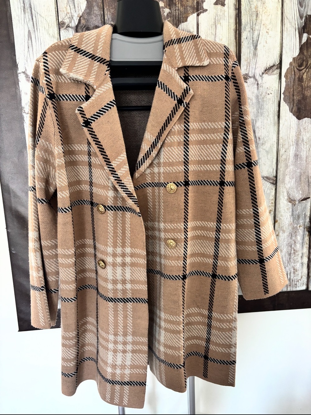 Anne Klein Tan Plaid Double-Breasted Trench Coat